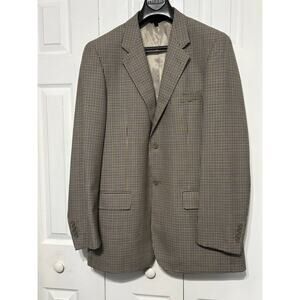 Baroni Mens 44L Wool Super 150 Blazer Hounds Tooth Tan Blue Classic Traditional